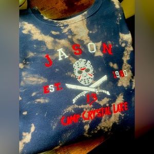 Custom embroidered Jason Camp Crystal Lake bleach tie dye Navy crewneck.